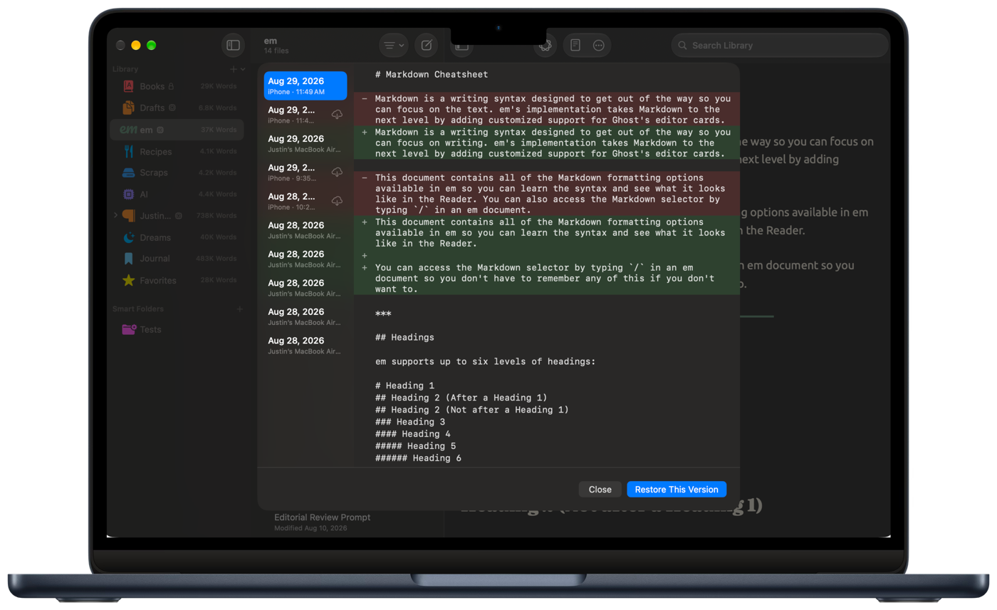 Restoring an earlier version of a draft in em