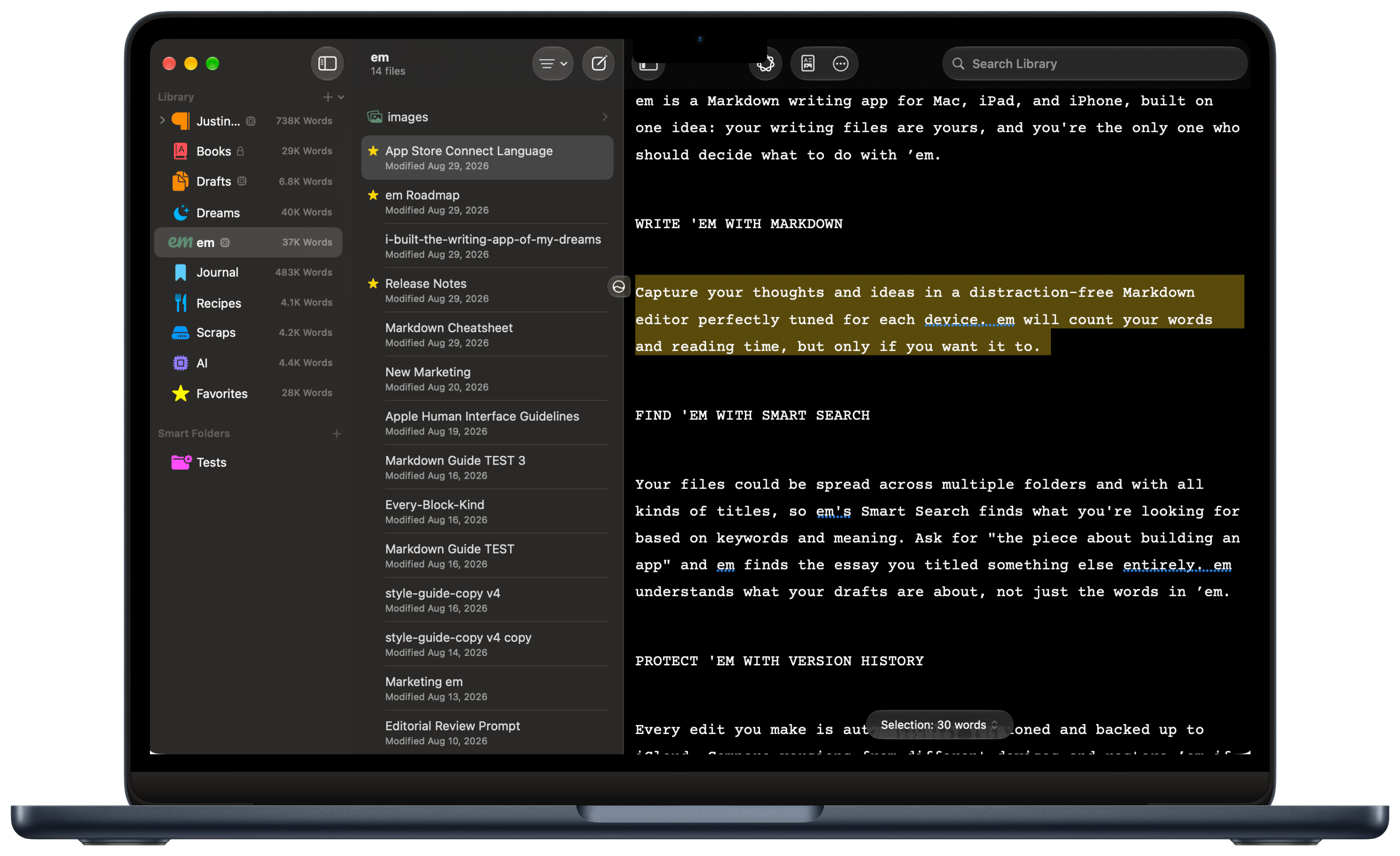 Writing in em's distraction-free Markdown editor